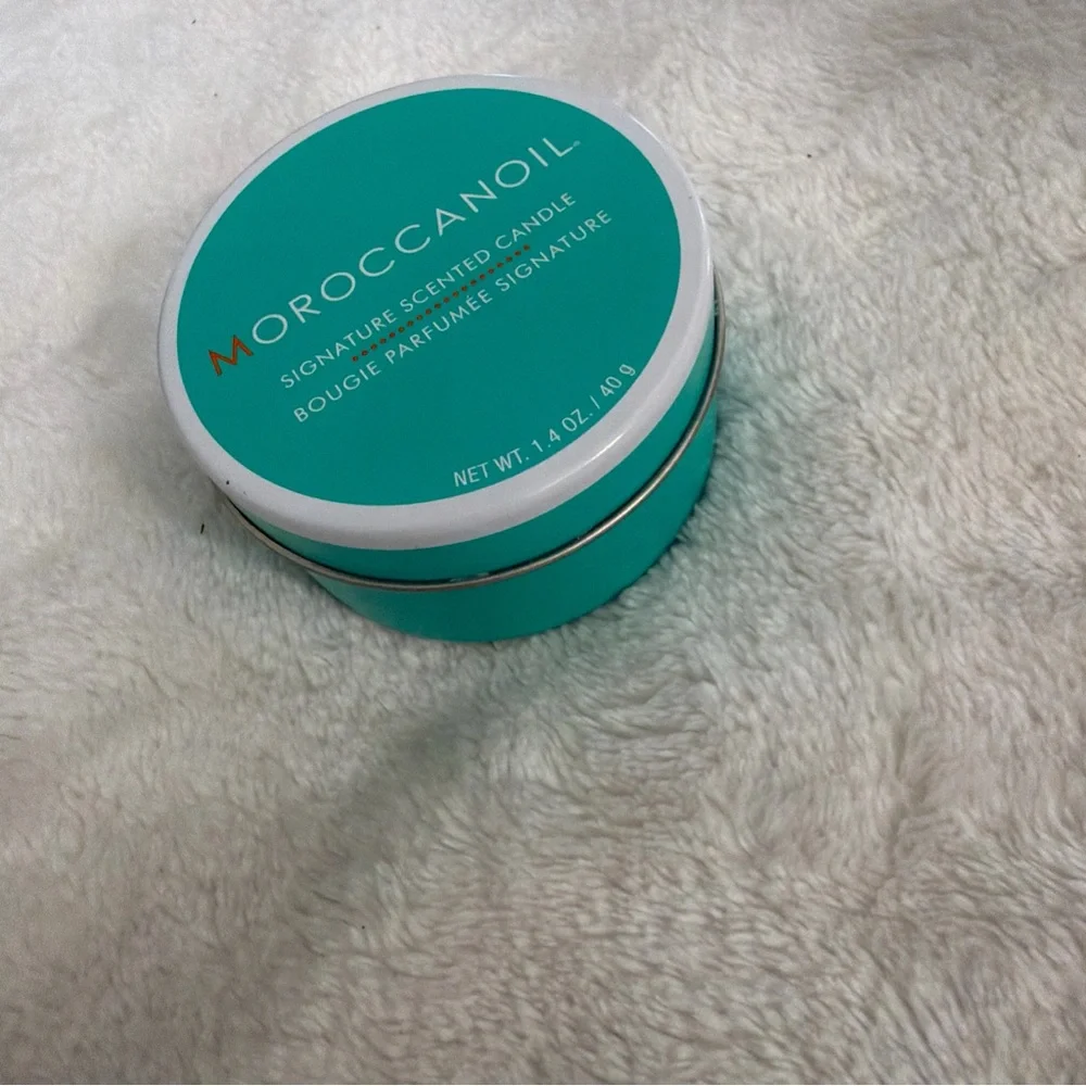 Moroccanoil Scented Candle Tin - Teal with Orange Logo